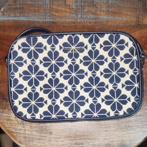 Kate Spade Blue Cream Jaquard Floral Crossbody Purse Leather
